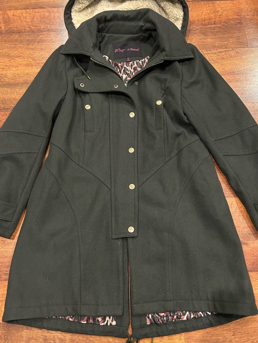 Betsy Johnson Vintage Forest Green Wool Trench Coat Leopard Print Lining Size 12